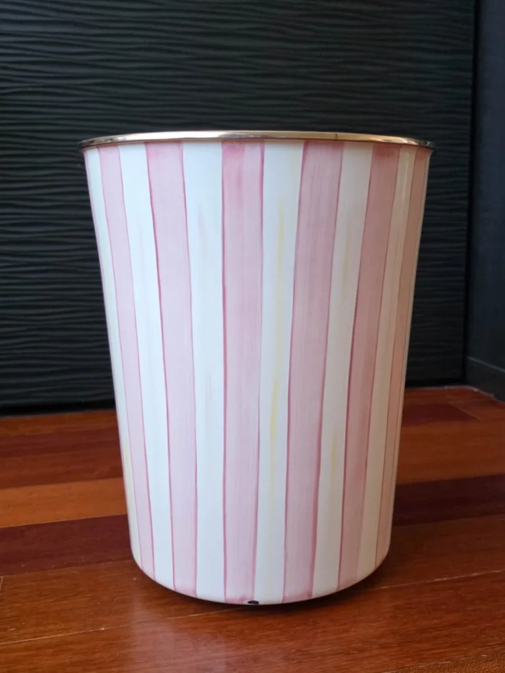 MacKenzie-Childs Bathing Hut Pink Stripe Enamel Wastebasket Trash Bin Retired